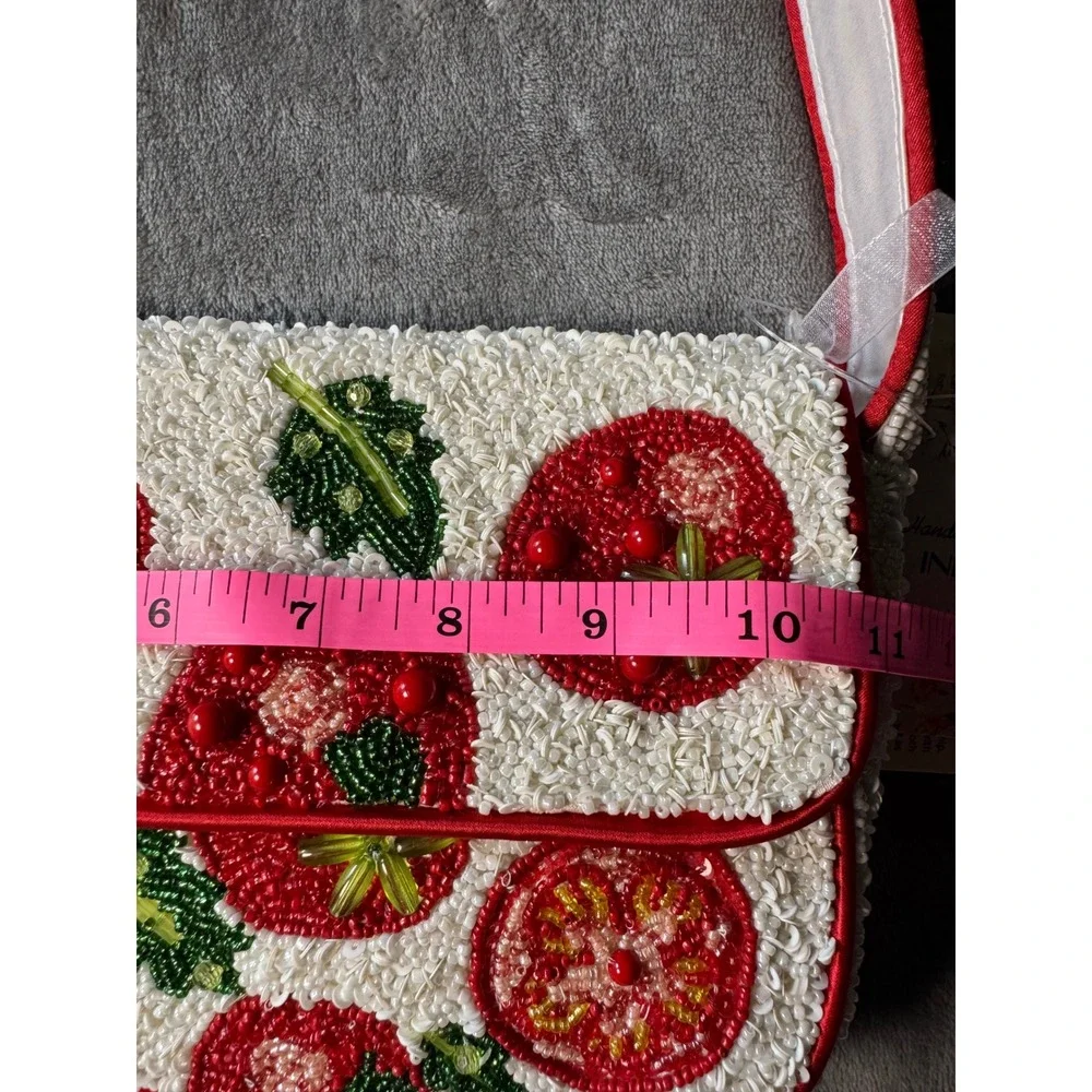 Handcrafted Beaded Tomato Shoulder Bag White Red Sequin Fruit Motif NWT